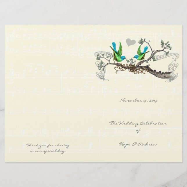 Programa de Casamento Azul e Verde de Pássaros Vin (Frente)