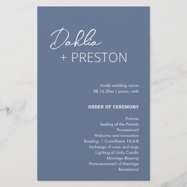 Programa de Casamento Azul Empoeirado Minimalista  (Frente)