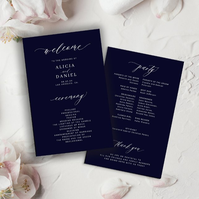 Programa de casamento azul escuro elegante orçamen (Criador carregado)