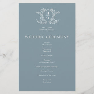 Programa de Casamento Azul Floral Monograma Crista