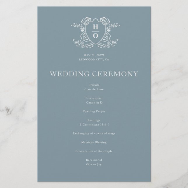 Programa de Casamento Azul Floral Monograma Crista (Frente)