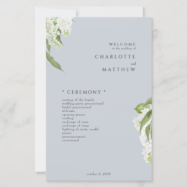 Programa de Casamento Azul Hydrangea Dusty (Frente)