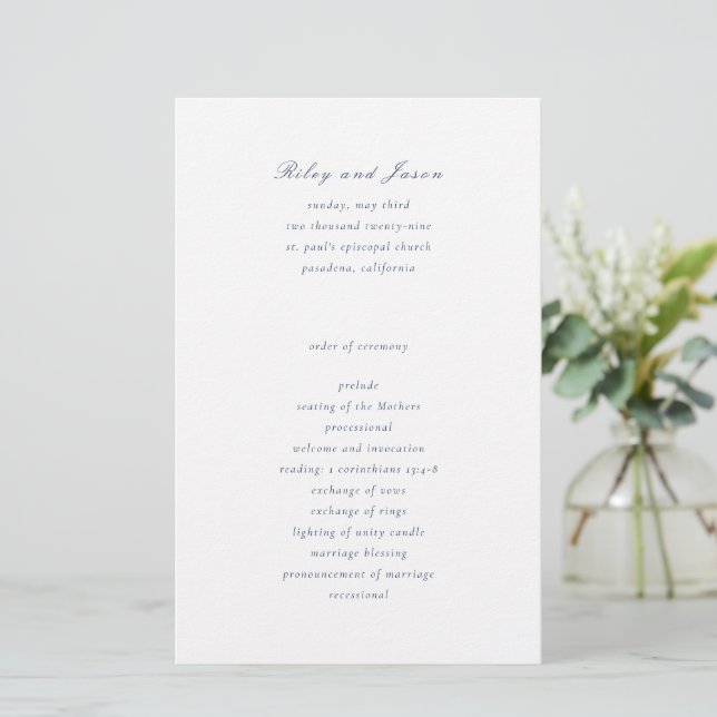 Programa de Casamento Azul Marinho Elegante e Limp (Em pé/Frente)
