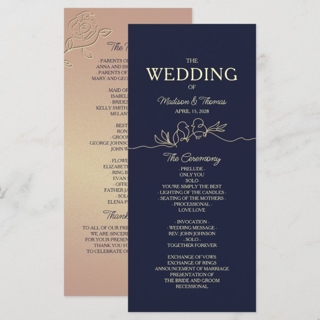 Programa de Casamento Azul Marinho Simples (Frente/Verso)