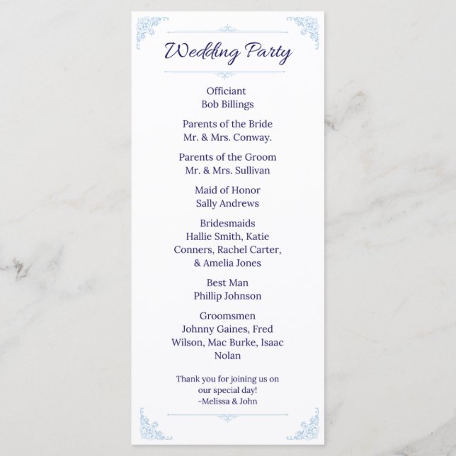 Programa de Casamento Azul Moderno no Estilo Franc (Verso)