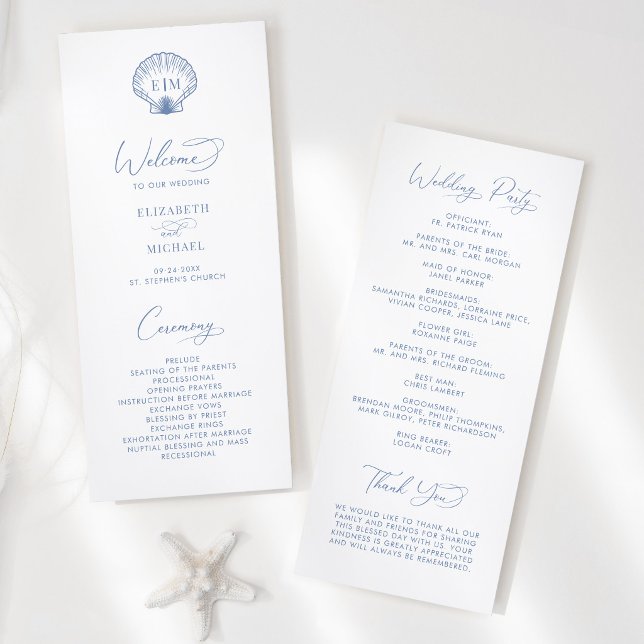 Programa de Casamento Azul na Praia com Monograma  (Criador carregado)