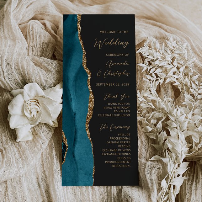 Programa de Casamento Azul Teal Dourado Ágata Escu (Criador carregado)