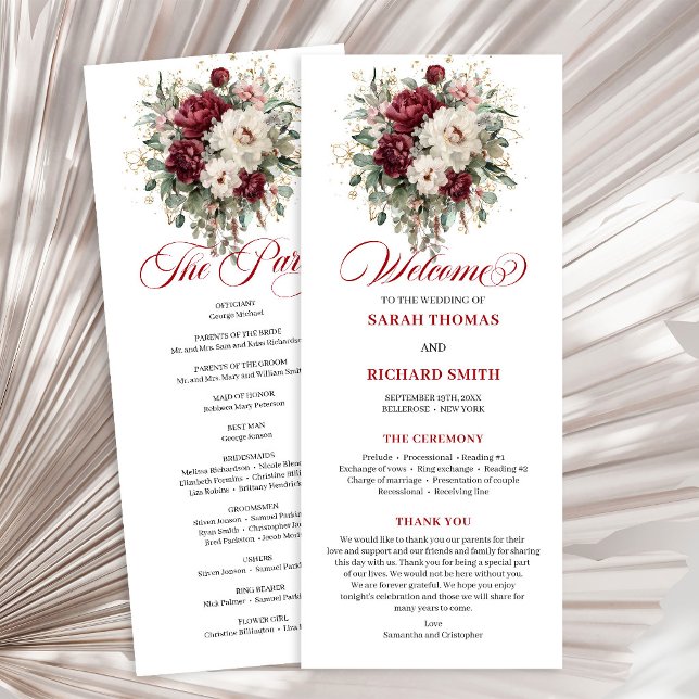 Programa de Casamento Boho Blush Burgundy Dourado  (Boho Blush Burgundy Gold Wedding Program Card)