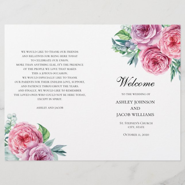 Programa de casamento Boho dobrado. Flores cor-de- (Frente)