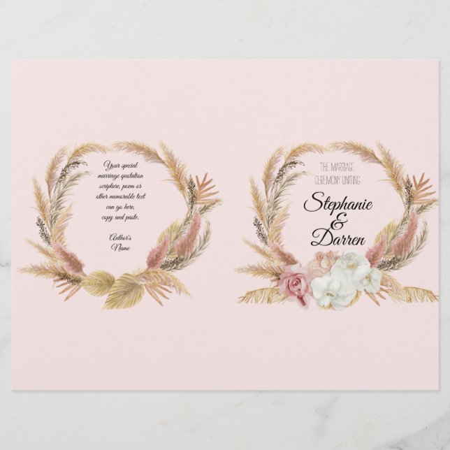 Programa de Casamento Boho Floral Aquarela Pampas  (Frente)
