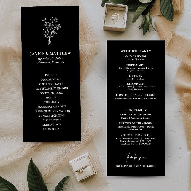 Programa de Casamento Boho Minimalista Preto e Bra (Boho minimalist black and white wedding program keeps guests informed with a clean elegant touch)