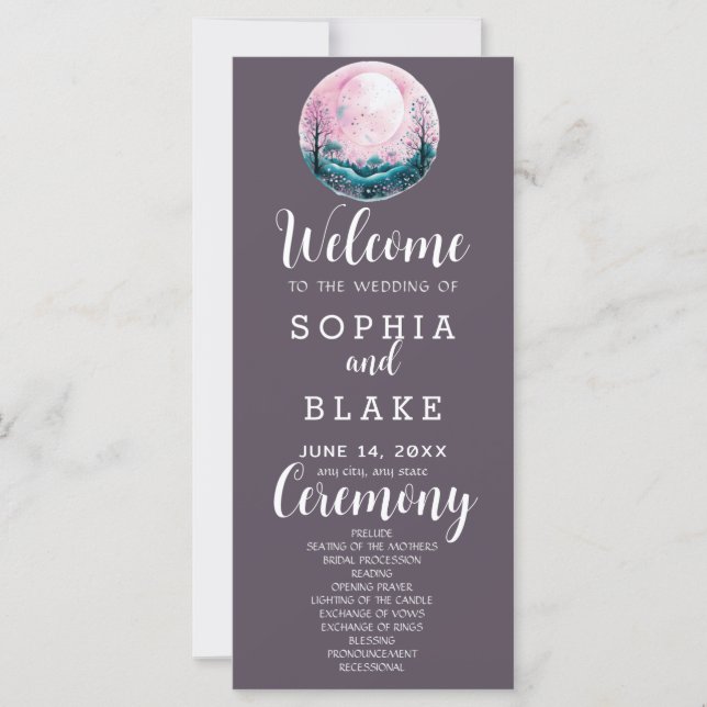 Programa de Casamento Boho Rosa & Branco Lua Cheia (Frente)