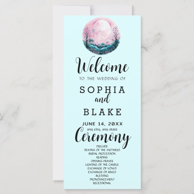 Programa de Casamento Boho Rosa & Branco Lua Cheia (Frente)