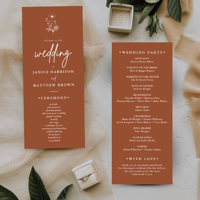 Programa de Casamento Boho Terracota Flor Silvestr (Rustic wildflower terracotta boho wedding program adds warm personalized charm to your ceremony)
