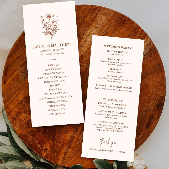 Programa de Casamento Boho Terracota Flor Silvestr (Rustic wildflower terracotta boho wedding program adds warm charm to your ceremony style)