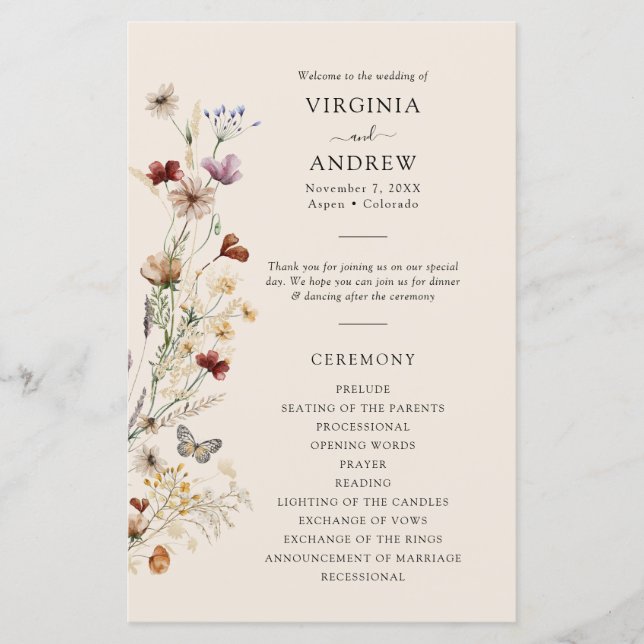 Programa de Casamento Boho Wildflower (Frente)