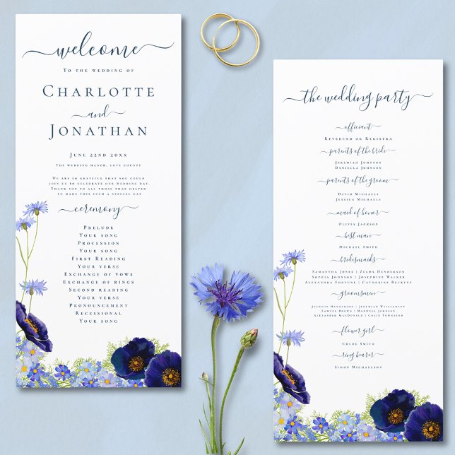 Programa de Casamento Boho Wildflower Blue (Elegant blue wildflower summer floral day of the wedding programme with stylish typography script )