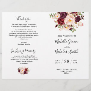 Programa de Casamento Borgonha Watercolor Floral, 