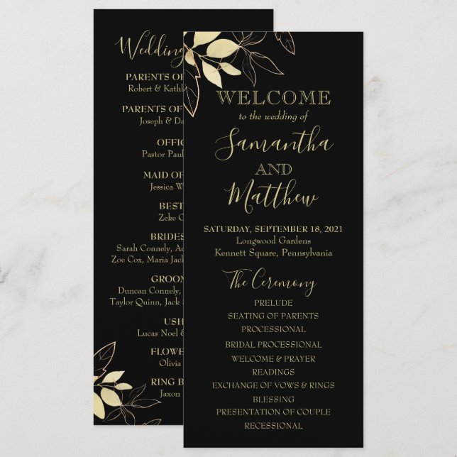 Programa de Casamento Botânico com Folhagem Preta  (Frente/Verso)