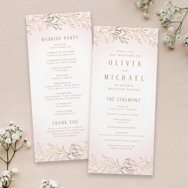 Programa de casamento botânico de ouro escamoteado (Elegant blush gold botanical wedding program)