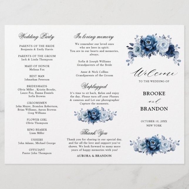 Programa de Casamento Botânico em Azul Desbotado e (Frente)