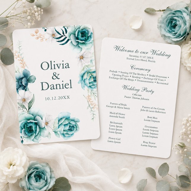 Programa de Casamento Botânico Flor de Campo Teal (Teal Wildflower Botanical Wedding Program)