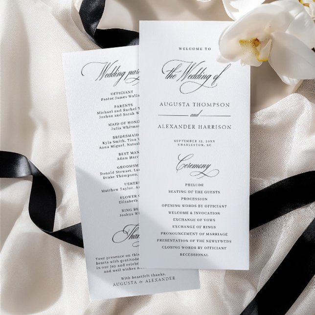 Programa de Casamento Branco com Caligrafia Clássi (Elegant Classic Calligraphy White Wedding Program)