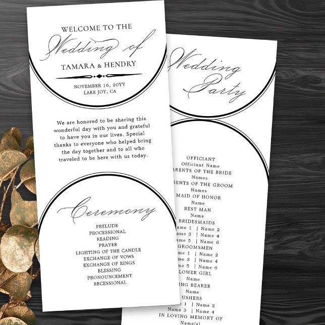 Programa de Casamento Branco de Arches de Script E (Elegant modern wedding program in black and white from my Wedding Colors Collection)