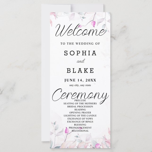 Programa de Casamento Branco de Folhas Rosa e Verd (Frente)