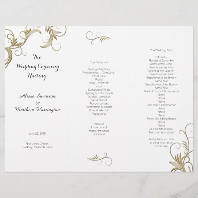 Programa de Casamento Branco Tri-Dobrável com Flor (Frente)