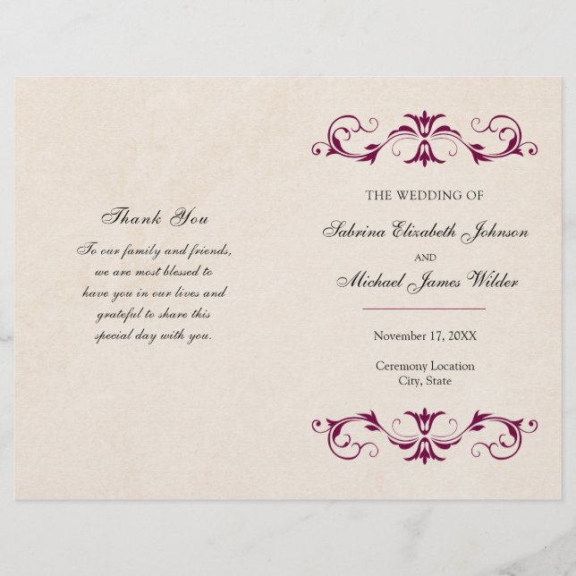 Programa de Casamento Burgundy Dobrado | Fundo Beg (Frente)