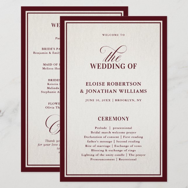 Programa de Casamento Burgundy Formal Moderno de D (Frente/Verso)