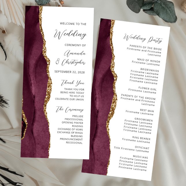 Programa de Casamento Burgundy Gold Agate Script (Criador carregado)