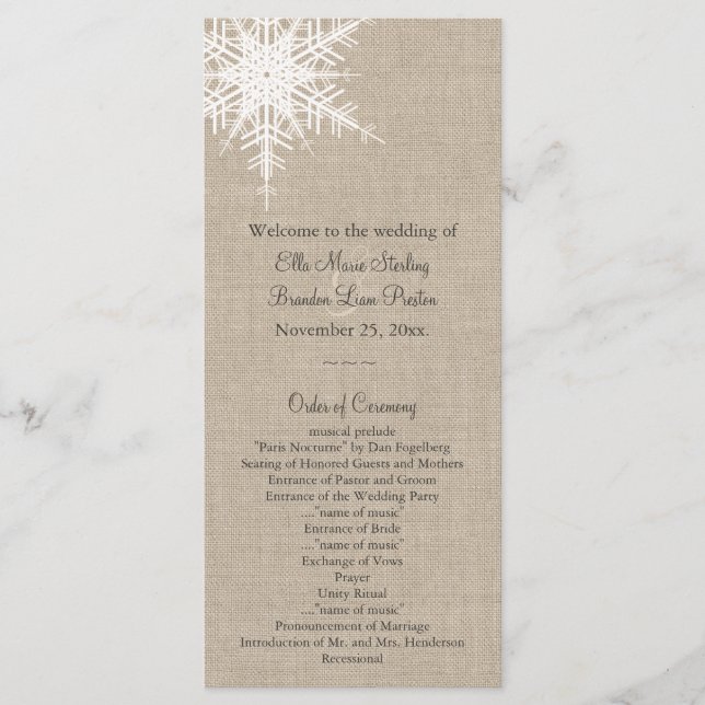 Programa de Casamento Burlap Snowflake (Frente)