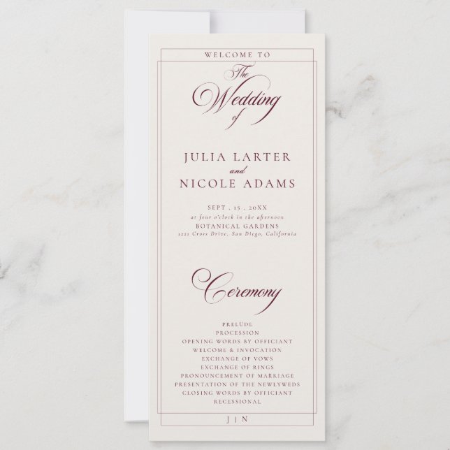 Programa de Casamento Caligrafia Marfim Borgonha C (Frente)
