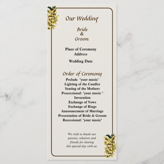 Programa de Casamento Cascata de Orquídeas Amarela (Frente)