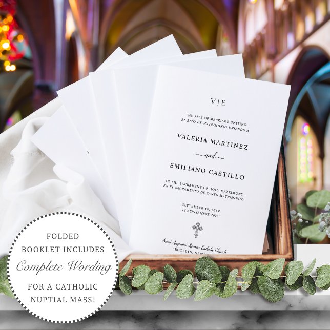Programa de Casamento Católico Bilingue Espanhol I (Elegant, simple, bilingual, Spanish-English, folded Catholic wedding program )