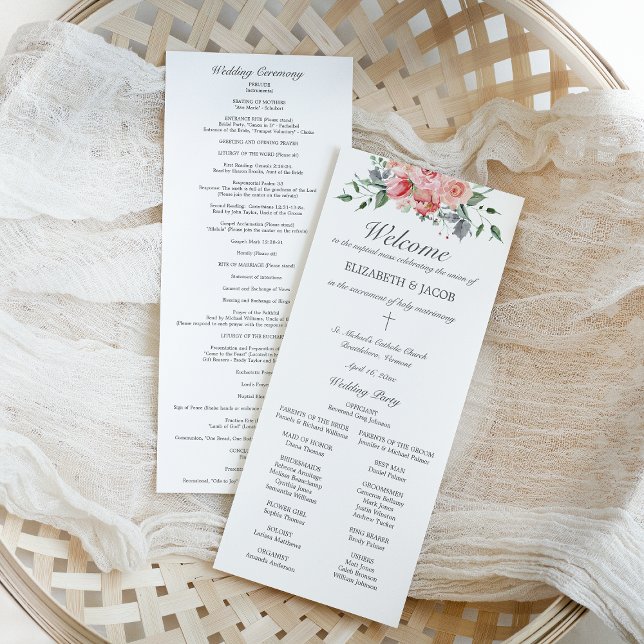 Programa de Casamento Católico de Elizabeth com Ma (ELizabeth, classic, elegant Catholic wedding program with full mass with pink watercolor flowers)