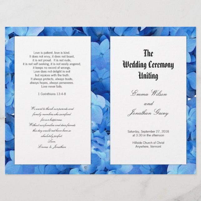 Programa de Casamento Católico de Hydrangea Azul (Frente)