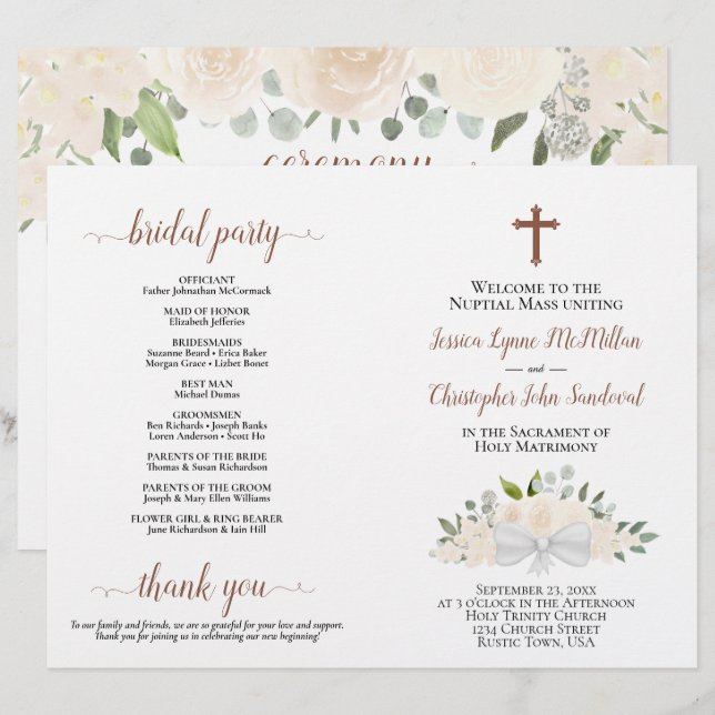 Programa de Casamento Católico DIY Champagne Roses (Frente/Verso)