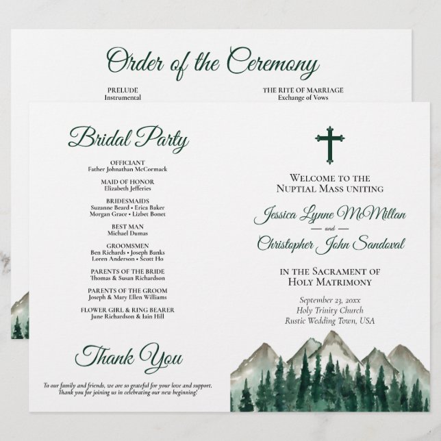 Programa de Casamento Católico DIY Montanhas & Pin (Frente/Verso)