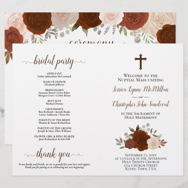 Programa de Casamento Católico DIY Outono Rosas Do (Frente/Verso)