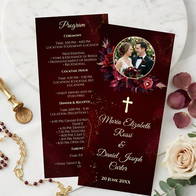 Programa de Casamento Católico Floral Borgonha (Burgundy Floral Catholic Wedding Program)