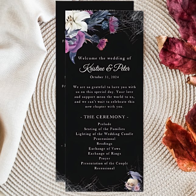 Programa de Casamento Caveira Floral Gótico Preto  (Criador carregado)