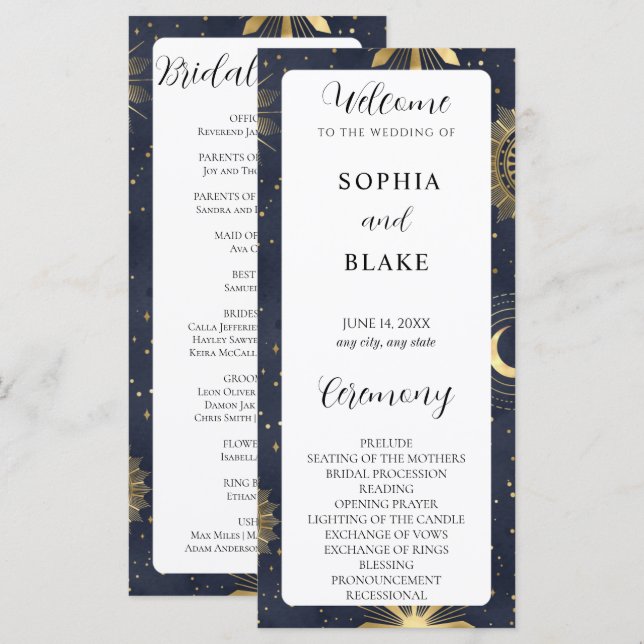 Programa de Casamento Celestial Azul e Dourado (Frente/Verso)