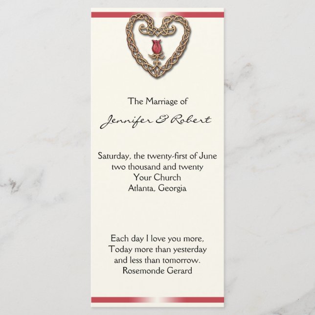 Programa de Casamento Celta com rosa vermelha (Frente)