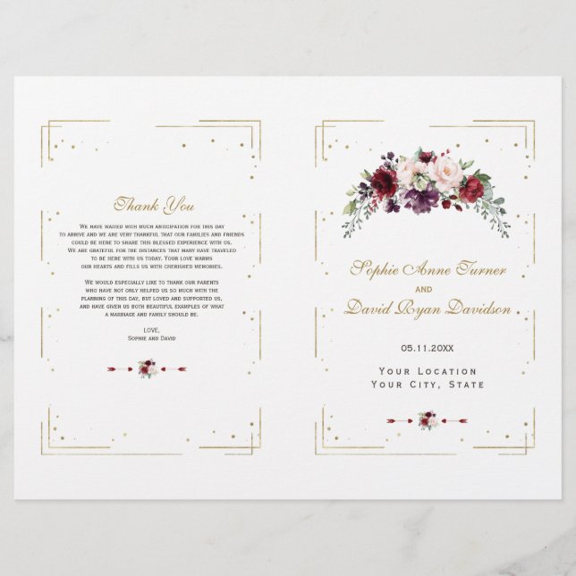Programa de Casamento Charm Burgundy Pink Floral G (Frente)