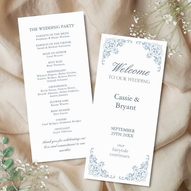 Programa de Casamento Chic Costeiro Branco Elegant (elegant blue and white coastal chic wedding programs for bridal reception with vintage border edge)