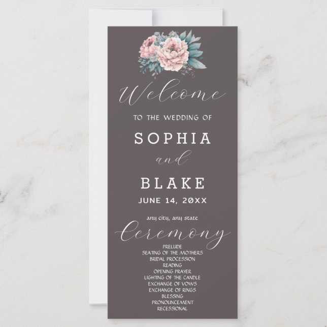 Programa de Casamento Cinza Cinza Floral Rosa Româ (Frente)
