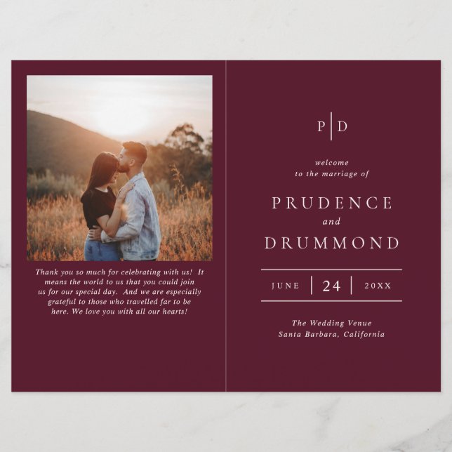 Programa de Casamento Clássico Elegante em Burgund (Frente)